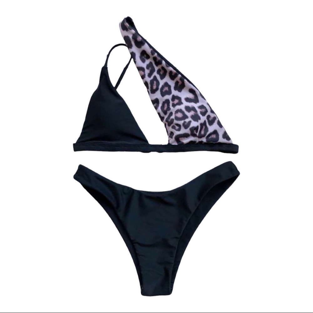 NWOT Black Leopard Print One Shoulder Bikini Size Medium